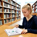 **

A student studying in a library in Sweden. The library is filled with books and has a modern Scandinavian design. In the background, display charts showing tuition fees (110,000-150,000 SEK annually), dormitory costs (2500-5000 SEK monthly), food costs (2000-4000 SEK monthly), and other expenses (1500-3000 SEK monthly). The student should appear focused and determined.

**