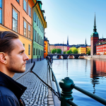 ** A traveler looking admiringly at a scenic view in Stockholm, Sweden.  Background: Gamla Stan (Old Town) with colorful buildings reflected in the water.  Feeling: Hopeful and wishing to stay longer. Focus on the beauty of Sweden.

**