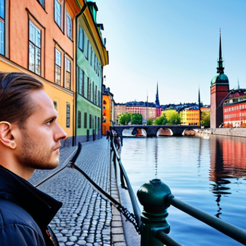 Home 7 ** A traveler looking admiringly at a scenic view in Stockholm, Sweden. Background: Gamla Stan (Old Town) with colorful buildings reflected in the water. Feeling: Hopeful and wishing to stay longer. Focus on the beauty of Sweden.
**