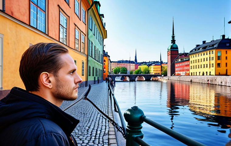 ** A traveler looking admiringly at a scenic view in Stockholm, Sweden.  Background: Gamla Stan (Old Town) with colorful buildings reflected in the water.  Feeling: Hopeful and wishing to stay longer. Focus on the beauty of Sweden.

**